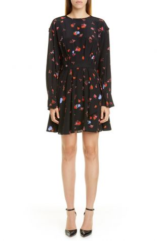 Floral Long Sleeve Silk Dress