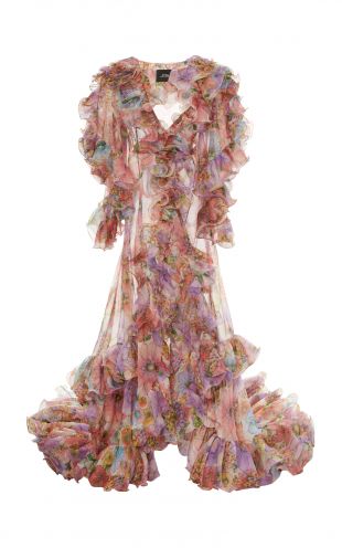 Ruffled Floral Print Silk Wrap Dress