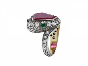 Diamond and Emerald Snake Ring in Silver