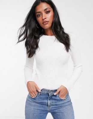Stradivarius - Pull côtelé avec perles - Écru | ASOS