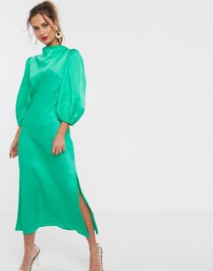 ASOS DESIGN - Robe mi-longue en satin col bénitier à manches bouffantes | ASOS