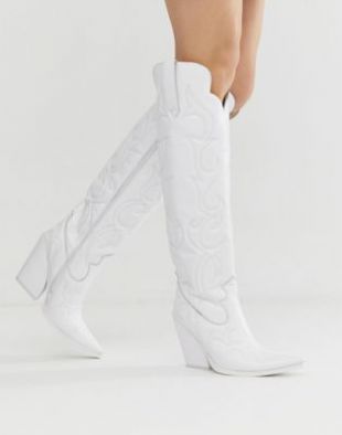 White knee high western leather boots