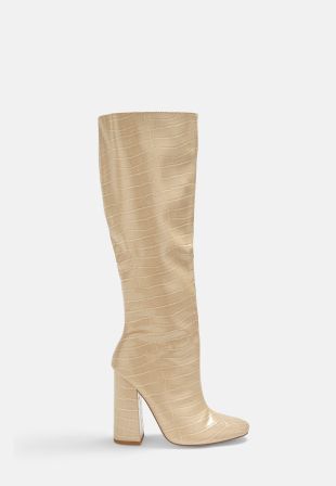 Cream croc calf height heeled boots