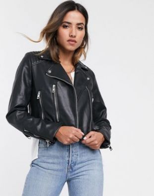 Black Faux Leather Over­sized Bik­er Jack­et