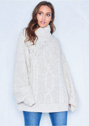 Beige Cable Knit Roll Neck Oversized Jumper