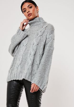 Grey cable knit extreme oversized roll neck jumper