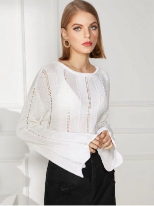 Pull Festonné Tricoté à Manches Evasées   WHITE