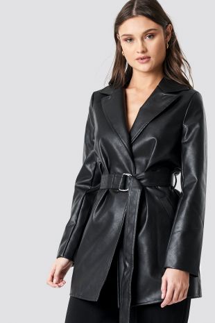 PU Leather Belted Jacket Noir