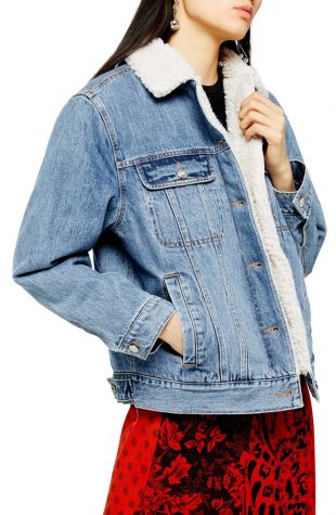 Oversize Denim Jacket with Faux Shearling Trim
