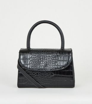 Black Faux Croc Top Handle Cross Body Bag