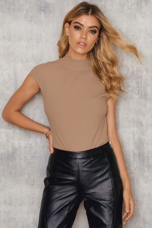 Rib High Neck Cap Sleeve Top Beige