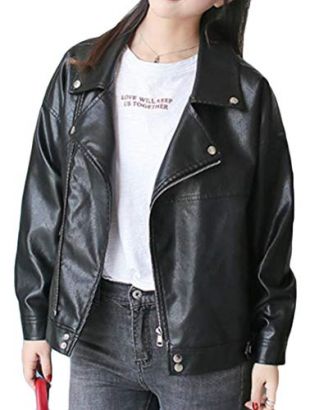 Bigbarry Womens Moto Coat Loose Boyfriend Faux-Leather Oblique Zipper Biker Casual Jacket