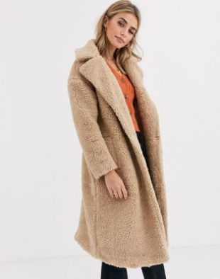 New Look - Manteau long effet pelucheux en imitation peau de mouton - Avoine | ASOS