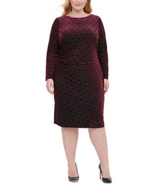 Plus Size Long-Sleeve Velvet Burnout Sheath Dress