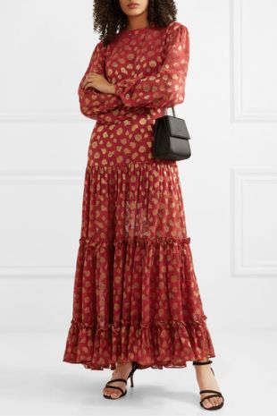 Tiered paisley-print metallic fil-coupé chiffon maxi dress