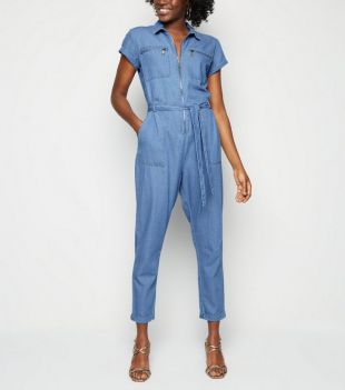 New Look - Blue Tie Waist Denim Boiler Suit