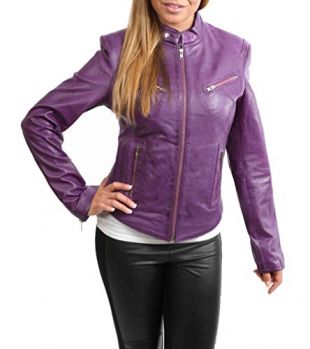 Ladies Genuine Leather Biker Style Slim fit Casual Jacket Khloe Purple (Large)