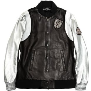 Balmain Metallic Sleeve Leather Varsity Jacket