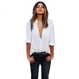 Kangma Women Sexy Long Sleeve Loose Size Pocket V-Neck Button-Down Shirt Tops Blouse White