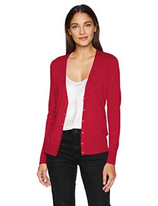 Amazon Essentials Women's Lightweight Vee Cardigan Sweater, red, X-Small