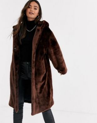 Plush faux fur hooded coat in brown