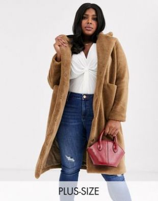 Curve longline teddy coat with pocket detail in camel