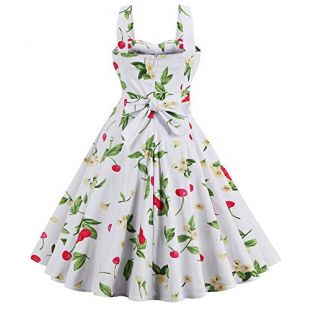 FUZHUANGHM Summer Women Vintage Dress White Cherry Print High Waist Retro Dress Cotton Party - - XX-Large