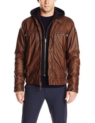 Calvin Klein Men's Faux-Leather Moto Jacket with Hoodie - Brown - Small