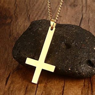 Davitu Men's Stainless Steel Upside Down Cross Necklace Inverted St Peter Pendant for Men Religious Christan Jewelry - (Metal Color: Gold)