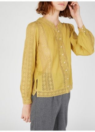 CHEMISE COL ROND DÉTAILS DENTELLE ET PLIS EN COTON MÉLANGÉ OCRE