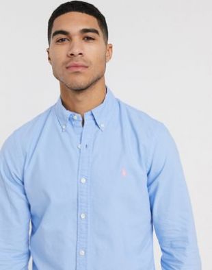 Polo Ralph Lauren - Chemise Oxford coupe slim teinte avec logo - Bleu clair | ASOS