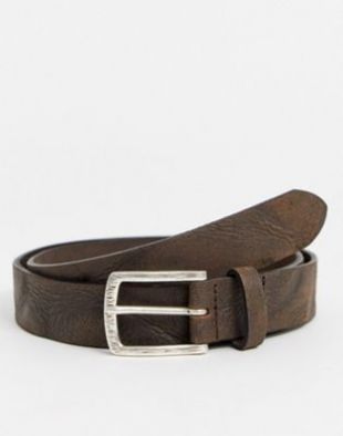 ASOS DESIGN - Ceinture fine en cuir à boucle argentée brossée - Marron foncé vintage | ASOS
