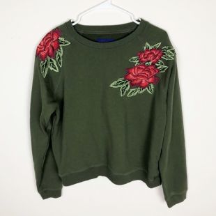 olive green rose embroidered sweatshirt