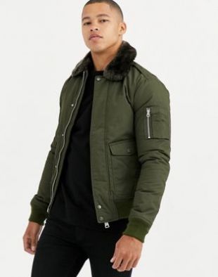 Schott - Air - Bomber chaud coupe slim avec col amovible en fausse fourrure - Vert kaki | ASOS