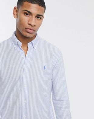 Polo Ralph Lauren - Chemise coupe slim en piqué avec logo - Rayures bleu clair | ASOS