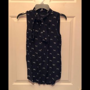 Sleeveless dog print blue pussy bow blouse