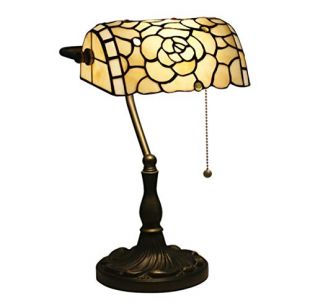 GDLight Vintage Banker Table Lamp Tiffany Style Yellow Rose Stained Glass Desk Lamp with Zinc Alloy Base, Home Office Study Coffee Bedside Lamp