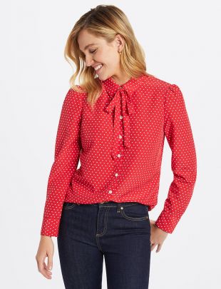 Printed Tie Neck Button Down Blouse
