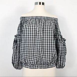 Off Shoulder Gingham Plaid Check Top