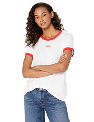 Levi's Women's Perfect Tee Shirts, Text Chest red Ringer White, Large