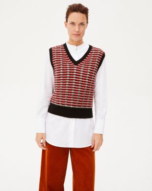 Pull V sans manches point tricolore
