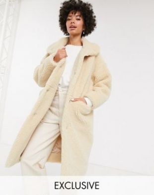 Monki - Manteau teddy mi-long - Blanc cassé | ASOS
