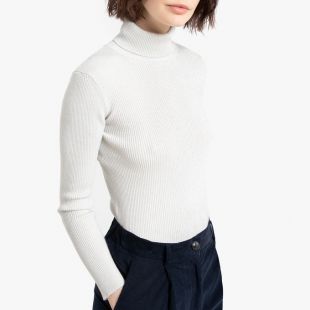 Pull col roulé maille côtelée brillante