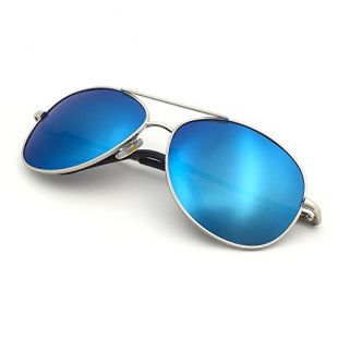 J+S Premium Military Style Classic Aviator Sunglasses, Polarized, 100% UV Protection (Large Frame - Silver Frame/Blue Mirror Lens