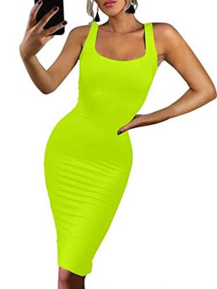 BEAGIMEG Women's Sexy Bodycon Sleeveless Pencil Knee Length Club Tank Dress Fluorescent Green