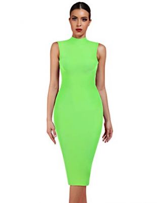 UONBOX Women's Sleeveless Summer Party Midi Bandage Dress Neon Green XL
