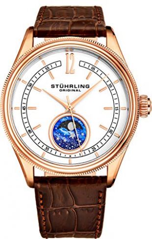 Stuhrling Original Mens MoonPhase Dress Watch - Stainless Steel Case and Brown Leather Band - White Analog Dial with Day of The Week and Date - Celestia Mens Watches Collection
