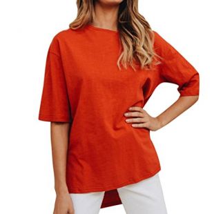 Women Casual Solid T-Shirt O-Neck Short Sleeve Top Split Irregular Loose Blouse(Orange ,Small)