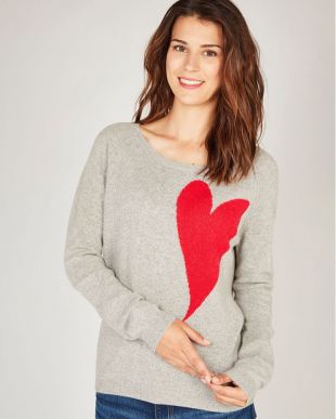 Pull 100% cachemire femme col rond motif intarsia cœur et manches raglans