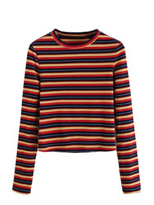 Milumia Women's Casual Striped Ribbed Tee Knit Crop Top Large A-Multi